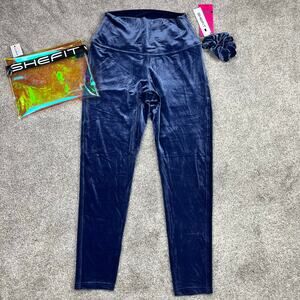 NWT! SheFit 2 Luxe Blue Velvet Leggings, scrunchie, & bag
